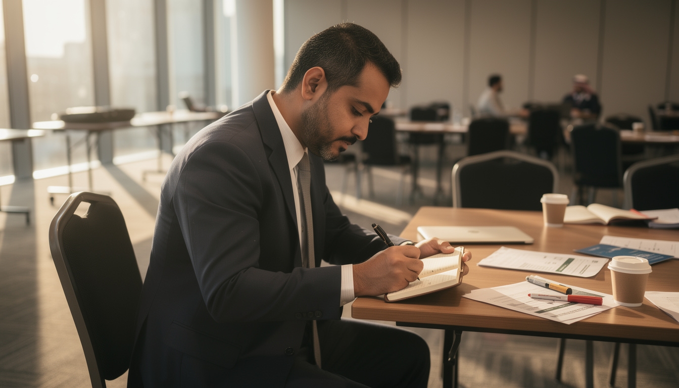 مشارك يكتب ملاحظاته بعد انتهاء الورشة